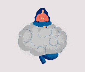 Happy woman sitting on big Human Brain. Female person has healthy mind and mental wellbeing. Positive thinking and Mental illness prevention concept.`Vector illustration - 765100023