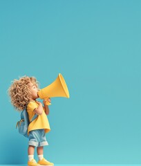 a child with megaphone speaker on soft blue background