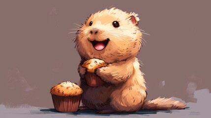  a drawing of a beaver holding a muffin and a muffin in it's paws with its mouth open. - obrazy, fototapety, plakaty