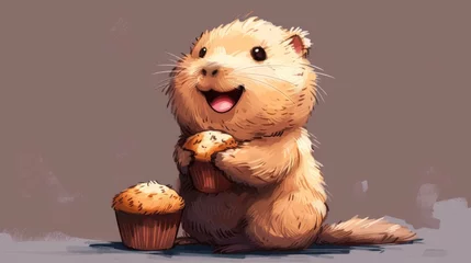 Foto op Aluminium  a drawing of a beaver holding a muffin and a muffin in it's paws with its mouth open. © Shanti