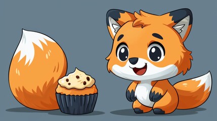 Fototapeta premium a cartoon fox sitting next to a cupcake with a frosted cupcake on the bottom of it's face.