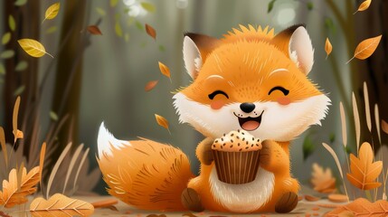 Fototapeta premium a painting of a fox holding a cupcake in its paws in a forest with fallen leaves on the ground.