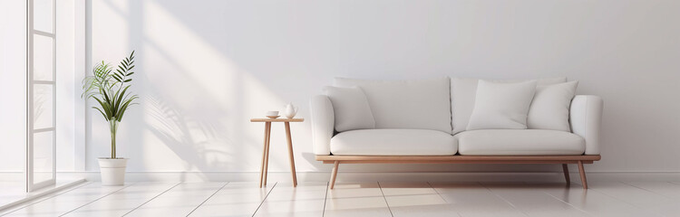 Interior: blank white wall with a white sofa, and coffee table and a plant on it. Modern and contemporary design. 3d