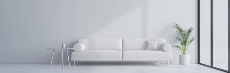 Interior: blank white wall with a white sofa, and coffee table and a plant on it. Modern and contemporary design. 3d