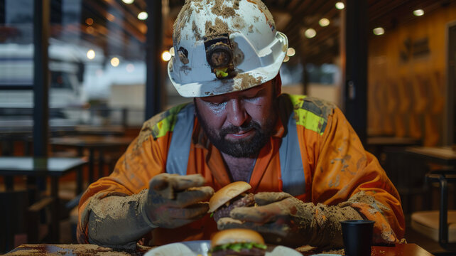 Hardworking miner enjoying well-deserved meal amidst dirt-covered surroundings.generative ai