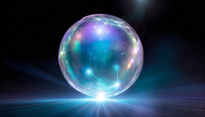 Abstract futuristic holographic sphere on black background, blue purple colours glowing ball shape
