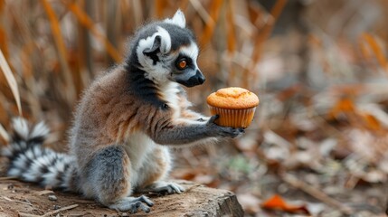  a ring tailed lemur holding a cupcake in its mouth while standing on its hind legs on the ground. - obrazy, fototapety, plakaty