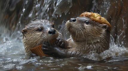  two otters are playing in the water with a piece of bread on their head and a piece of bread in their mouth.