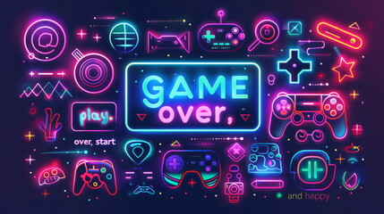 Neon game over background with video game elements and the text "game over " written in the center of the frame