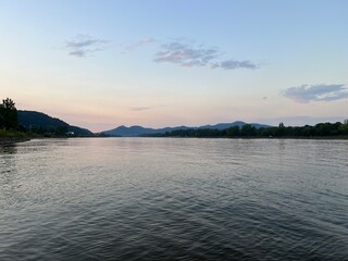 The Rhine at dusk with the Siebengebirge in the background