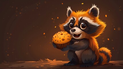 Fototapeta premium a painting of a raccoon holding a muffin in one hand and a muffin in the other.