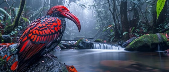  A bird, sitting on a rock near a flowing water stream amidst tall tree trunks in a dense forest - obrazy, fototapety, plakaty