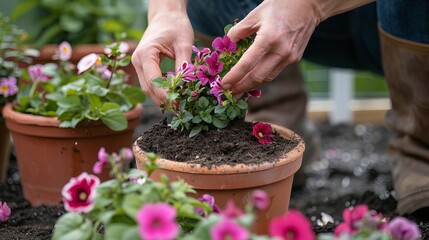 Gardener carefully placing flowers in a pot filled with soil.