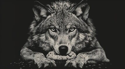 a black and white photo of a wolf with his paw on a bone in front of it's mouth.
