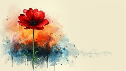  a red flower sitting on top of a blue and orange flower stem with watercolor splatters on it.