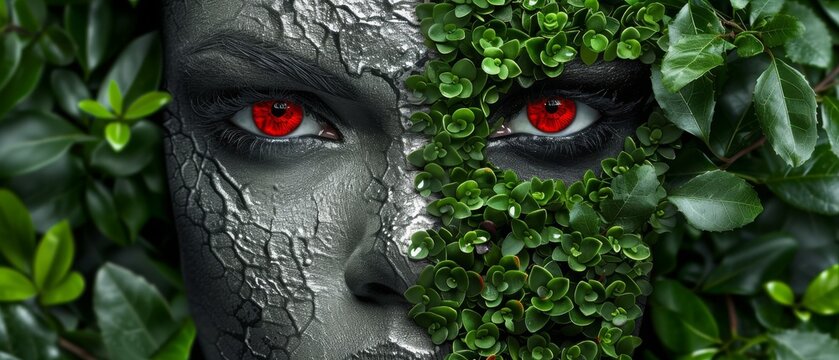  An image of a close-up face with red eyes, surrounded by green foliage