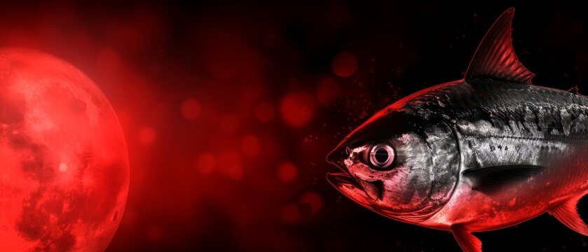  A black-and-red picture of a fish next to a black-and-white photo of a red moon