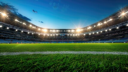 Illuminated stadium with lush green grass - An empty sports stadium brightly lit showcasing the expansive green playing field and seating areas - obrazy, fototapety, plakaty