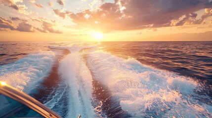 Imagine yourself basking in the summer sun, gliding across the sparkling waters on a speedboat. The waves dance around you as you enjoy a day of adventure, free from the distractions of gadgets. - obrazy, fototapety, plakaty