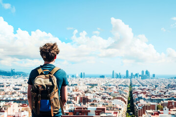 Young man wearing a backpack stands gazing at a cityscape from a higher vantage point. Rear view with copy space.