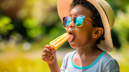 Cute stylish black little boy wearing sunglasses and straw hat happily biting and licking a popsicle in sunshine outdoor summer park, happy little boy enjoy his summer sweet with copy space
