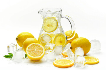 Refreshing pitcher of water with lemons and ice, isolated on white background.