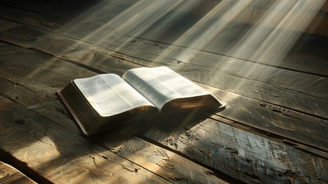 An open Bible rests on a wooden surface, illuminated by a soft overhead light. This image evokes the concept of spirituality and faith.
