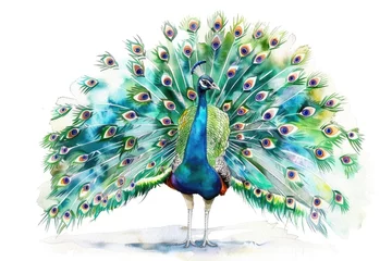 Fotobehang A watercolor depiction of a peacock displaying its feathers, full of color and elegance, on white © Pungu x