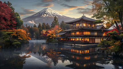 Serene Panorama of Mount Fuji with Autumnal Maple Leaves and Lake Reflection: Embodiment of Japan's Natural and Cultural Beauty - obrazy, fototapety, plakaty