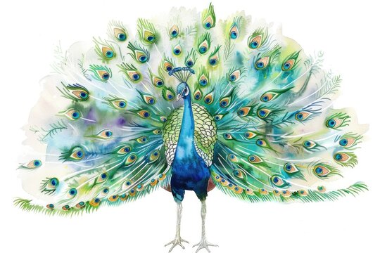 A watercolor depiction of a peacock displaying its feathers, full of color and elegance, on white