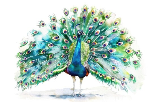 A watercolor depiction of a peacock displaying its feathers, full of color and elegance, on white