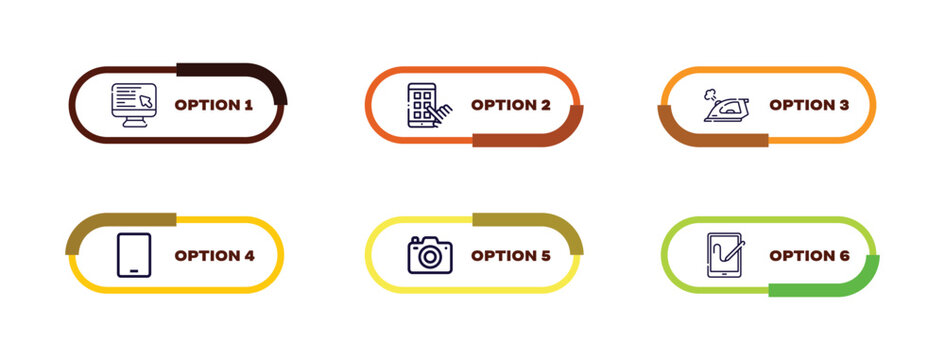 desktop computer, mobile phone, iron, tablet, photo camera, graphic tablet outline icons set. editable vector from electronic devices concept.