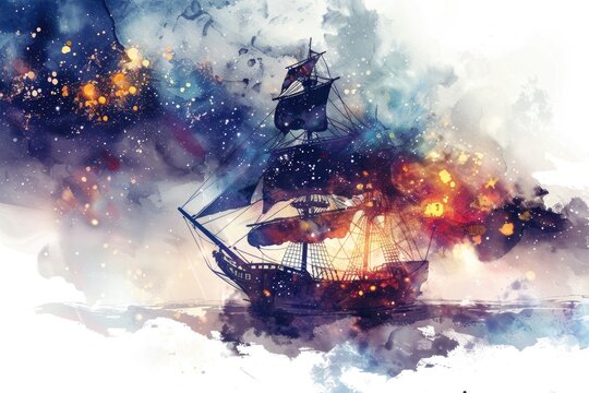A watercolor fantasy scene of a space pirate ship navigating through cosmic storms, on white