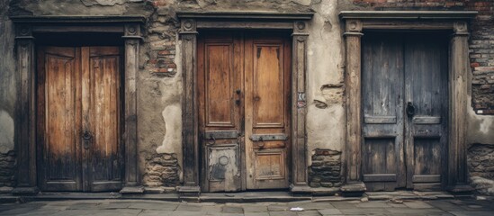 Vintage wooden doors with ornate carvings, set within the aged walls of an ancient structure, showcasing historical architecture - Powered by Adobe