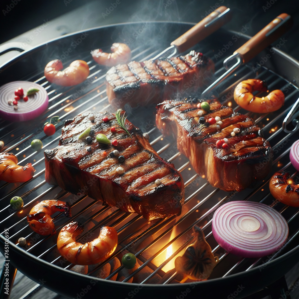 Wall mural Beef steaks on the grill, barbecue