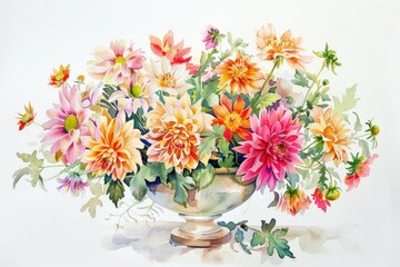 Obraz na płótnie Canvas A watercolor still life of vibrant flowers in a delicate vase, radiating beauty on a white background