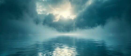 Obraz premium A vast expanse of blue with cloudy skies and the golden sun peeking through, casting its rays upon the water below