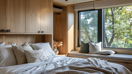 Modern bedroom with a built-in window seat bench that opens up to reveal hidden storage for bedding, pillows, and blankets