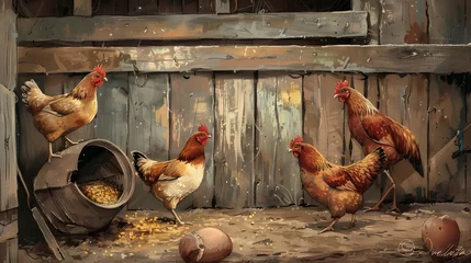 Fotobehang On the farm, hens. Fresh farm products and organic poultry farming are concepts. hens on a conventional hen farm. The chickens appear inquisitive after finding the concealed camera on the farm. © Shani Studio