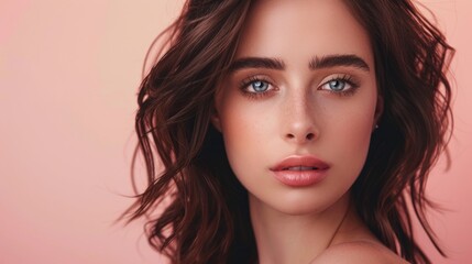 Fototapeta premium Attractive, elegant brunette female model isolated on pastel pink background. Banner for fashion, cosmetics, makeup.