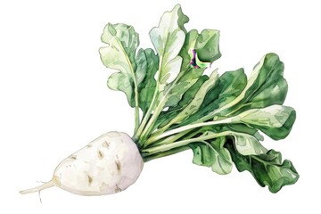 Watercolor art of a radish, with its white root and green leaves, offering contrast on white