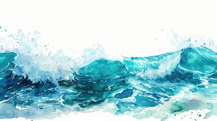 Watercolor ocean waves crashing against the shore, capturing the essence of movement, on a white backdrop - obrazy, fototapety, plakaty