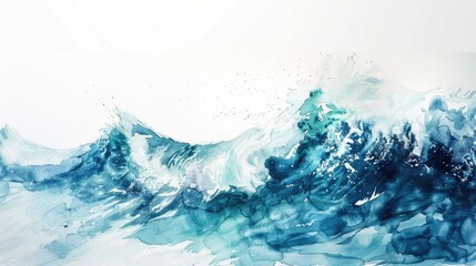 Watercolor ocean waves crashing against the shore, capturing the essence of movement, on a white backdrop
