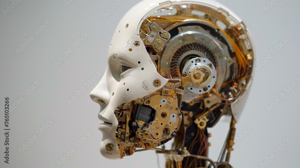 Aufkleber a close up of a robot head with gears and wires, ai