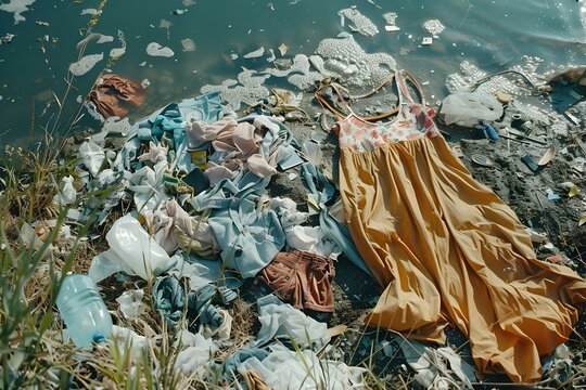 Clothes discarded in landfill highlighting issues of fast fashion and sustainability. Concept Fast Fashion, Landfill Pollution, Clothing Waste, Sustainability Awareness, Textile Industry