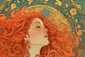 Fiery Art nouveau woman redhaired. Modern face. Generate Ai - obrazy, fototapety, plakaty