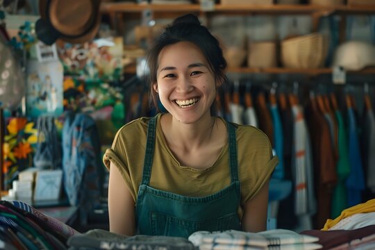 Portrait of a smiling Asian woman owner of a secondhand clothing store working in her shop. Concept Secondhand clothing store, Asian woman owner, smiling portrait, shop interior, working in the shop