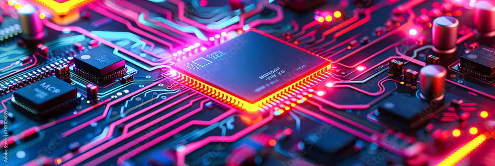 Poster close-up of a microchip on a circuit board, blue and green technology, digital computing concept