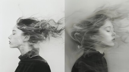 Two pictures of a woman with smoke coming out her hair, AI