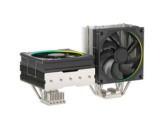 Low profile and tower type computer processor coolers on transparent background